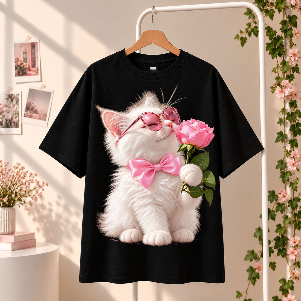 Rose Cat T-Shirt Black
