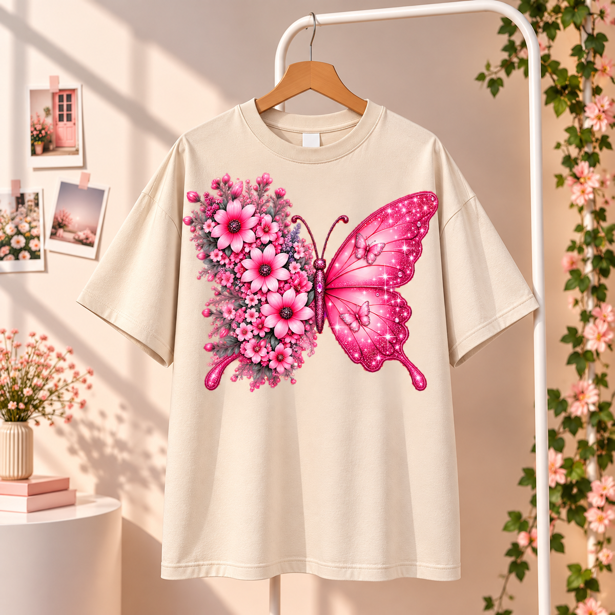 Glitter Butterfly T-Shirt Beige