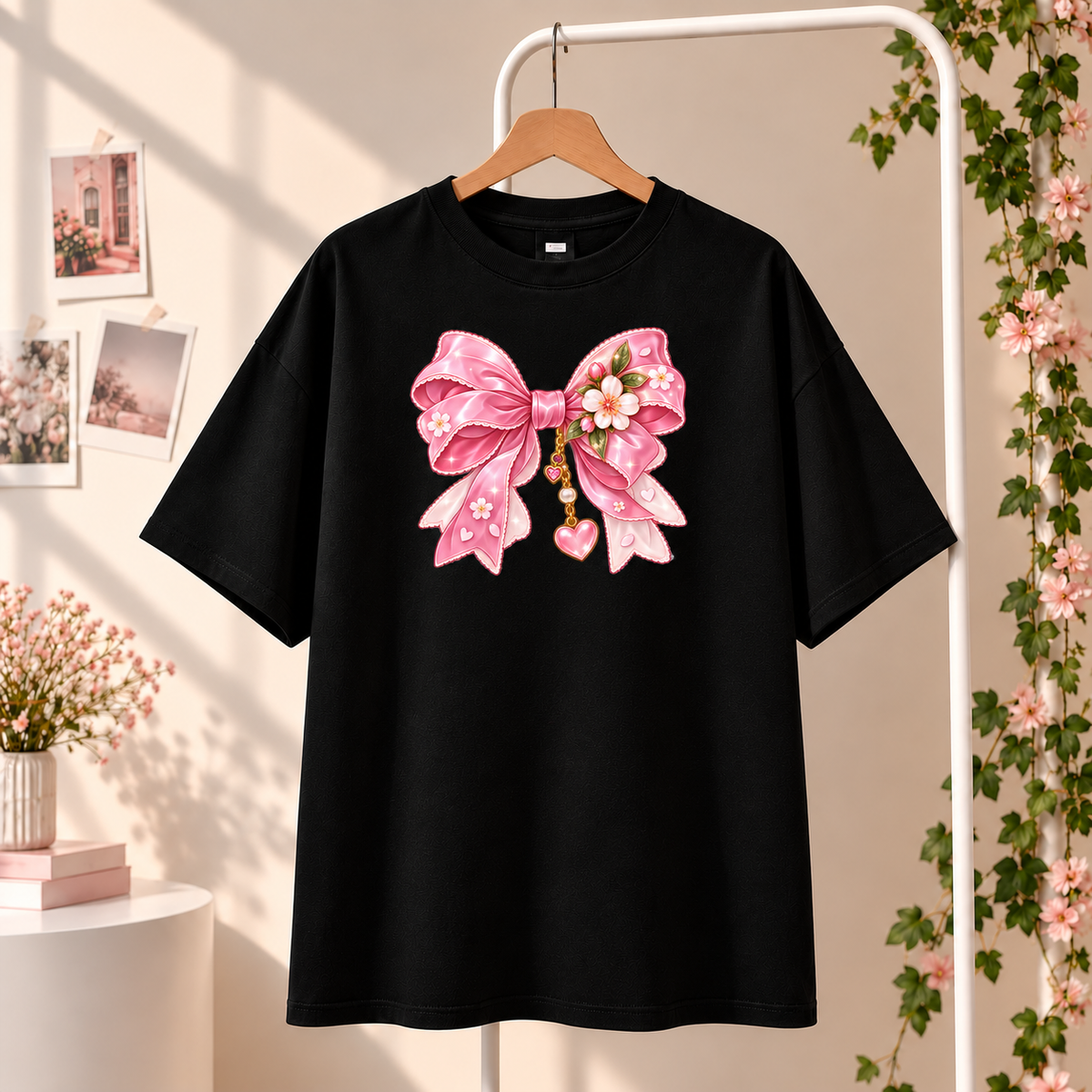 Pink Bow T-Shirt Black